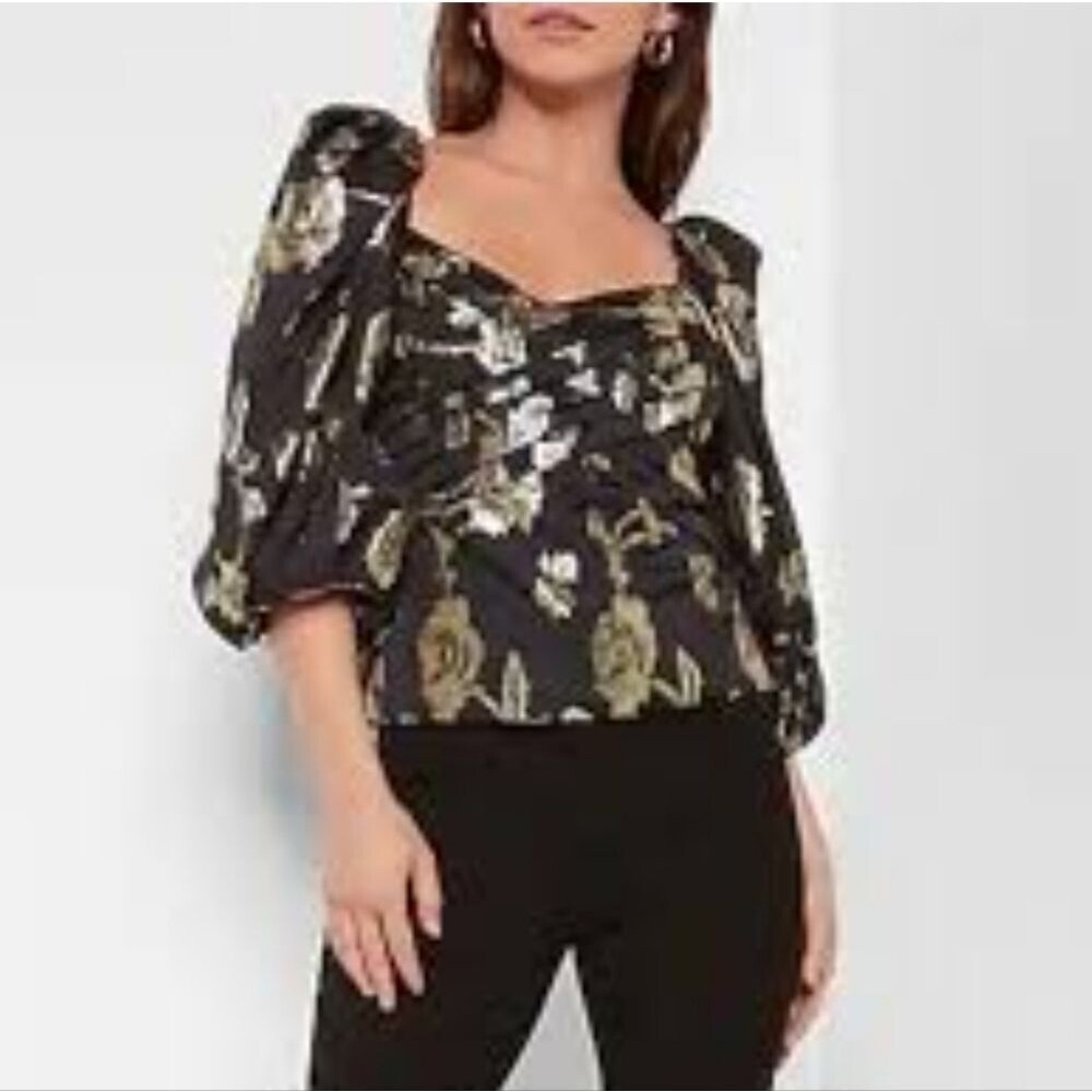 NWT Express Metallic Gold Floral Puff Sleeve Top Sweetheart Neck Blouse Size L